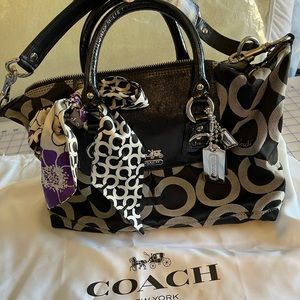 Coach Purse Black C logo print w/Purple Scarf